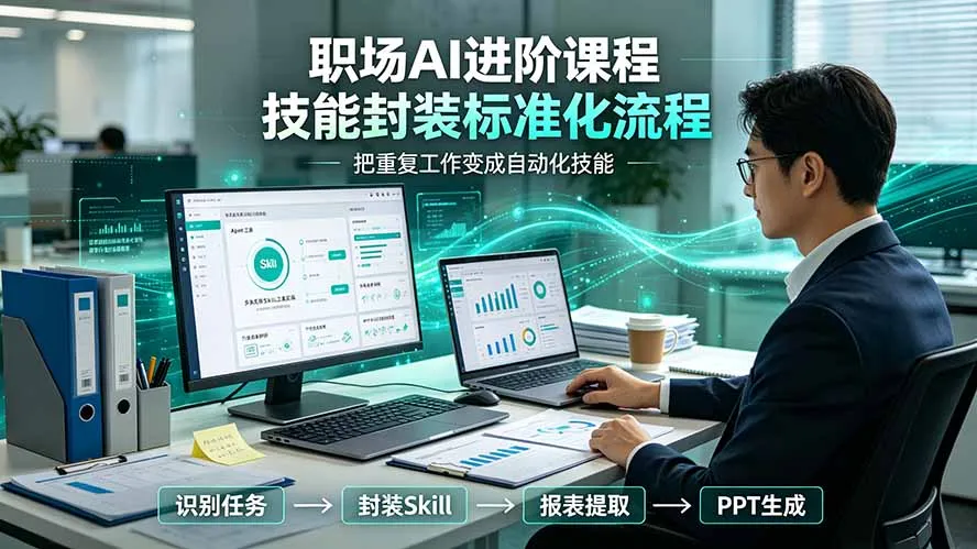 职场AI进阶课程；多类实用Skill工具实操，专属技能封装标准化流程，报表行业报告一键提取核心内容-豌豆轻创