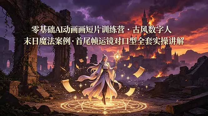 零基础AI动画短片训练营，古风数字人末日魔法案例，首尾帧运镜对口型全套实操讲解-豌豆轻创