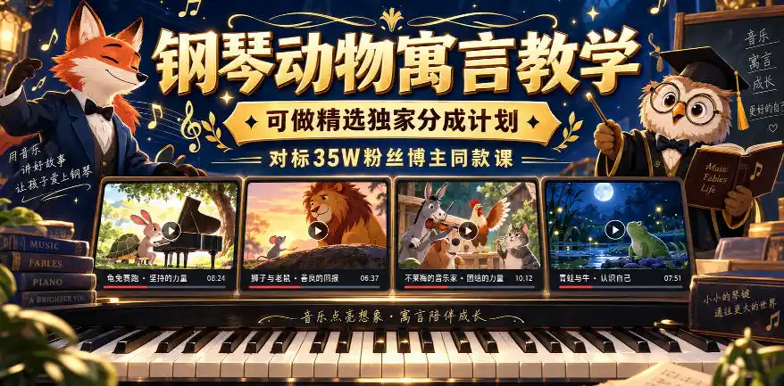 钢琴动物寓言教学，可做精选独家分成计划，对标35W粉丝博主同款课-豌豆轻创