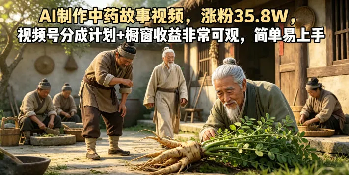 AI制作中药故事视频，涨粉35.8W，视频号分成计划+橱窗收益非常可观，简单易上手-豌豆轻创