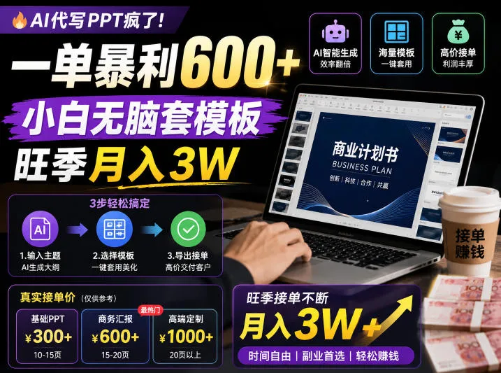 AI代写PPT疯了！一单暴利600+，小白无脑套模板，旺季月入3W，不用苦哈哈引流【揭秘】-豌豆轻创