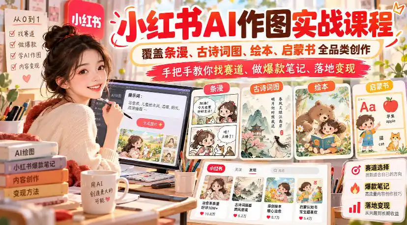 小红书AI作图实战课程，覆盖条漫、古诗词图、绘本、启蒙书全品类创作，手把手教你找赛道、做爆款笔记、落地变现(更新1017)-豌豆轻创