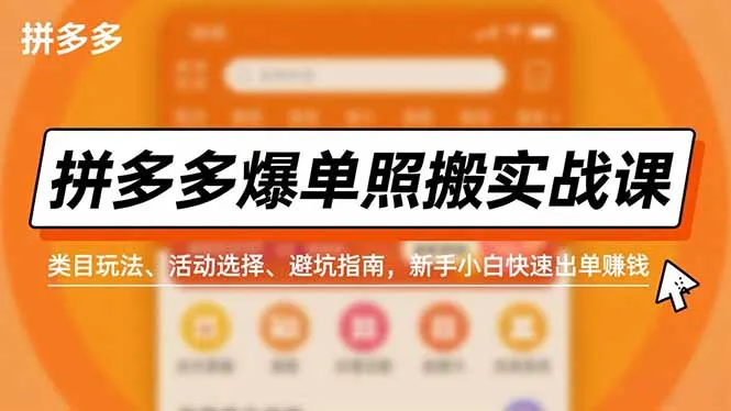 拼多多爆单照搬实战课，类目玩法、活动选择、避坑指南，新手小白快速出单赚钱-轻创