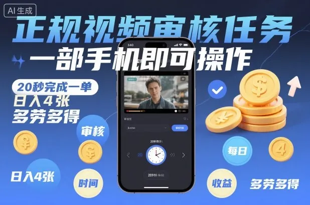 正规视频审核任务，一部手机即可操作，20秒完成一单，日入4张，多劳多得【揭秘】-轻创