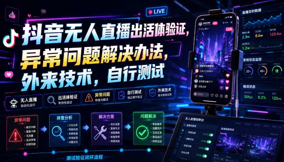 抖音无人直播出活体验证，异常问题解决办法，外来技术，自行测试-豌豆轻创