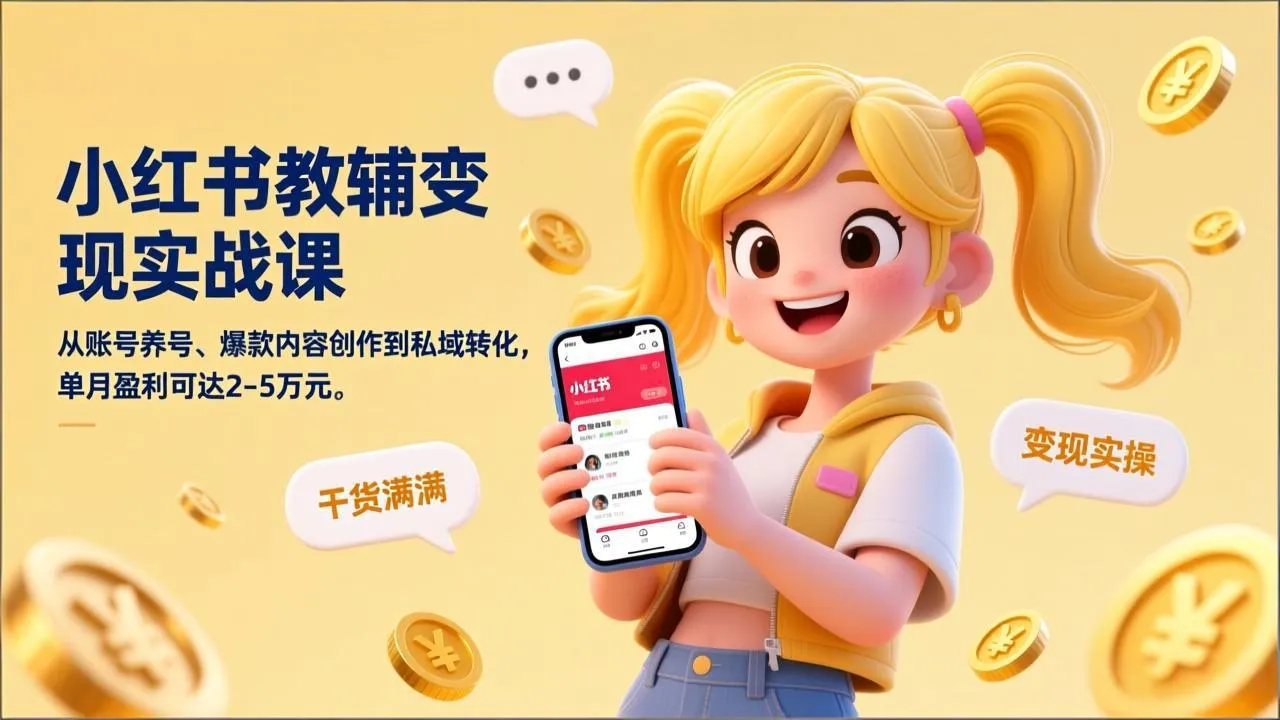 小红书教辅变现实战课，从账号养号、爆款内容创作到私域转化，单月盈利可达2-5万元-轻创