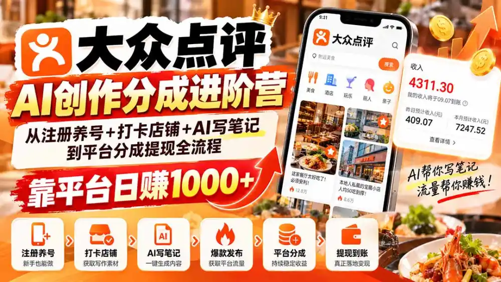 大众点评AI创作分成进阶营：从注册养号+打卡店铺+AI写笔记到平台分成提现全流程，靠平台日赚1000+-豌豆轻创