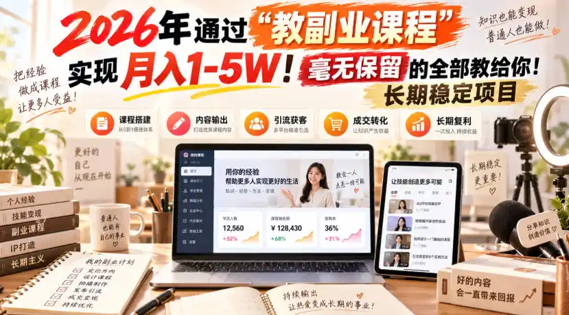 2026年通过“教副业课程”实现月入1-5W！毫无保留的全部教给你！长期稳定项目-豌豆轻创