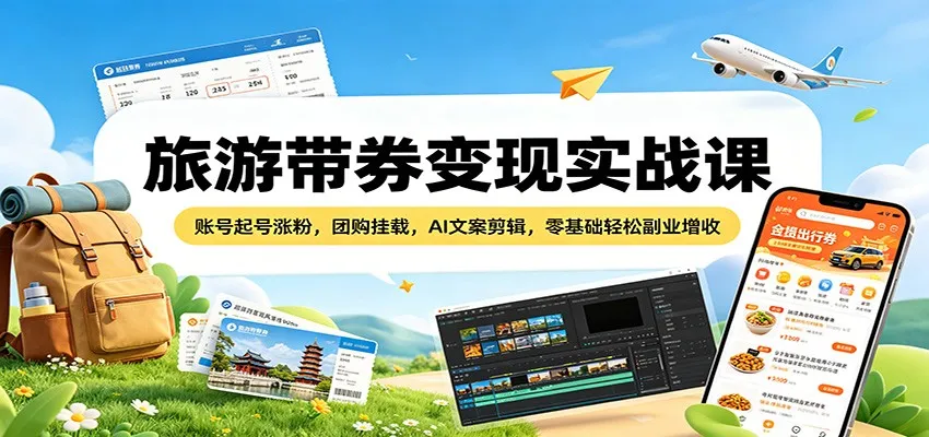 旅游带券变现实战课：账号起号涨粉，团购挂载，AI文案剪辑，零基础轻松副业增收-豌豆轻创