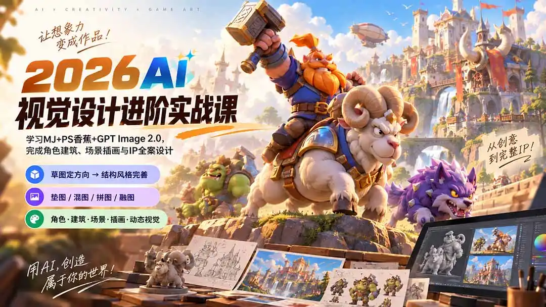 2026AI视觉设计进阶实战课-更新：学习MJ+PS香蕉+GPT Image 2.0，完成角色建筑、场景插画与IP全案设计-豌豆轻创