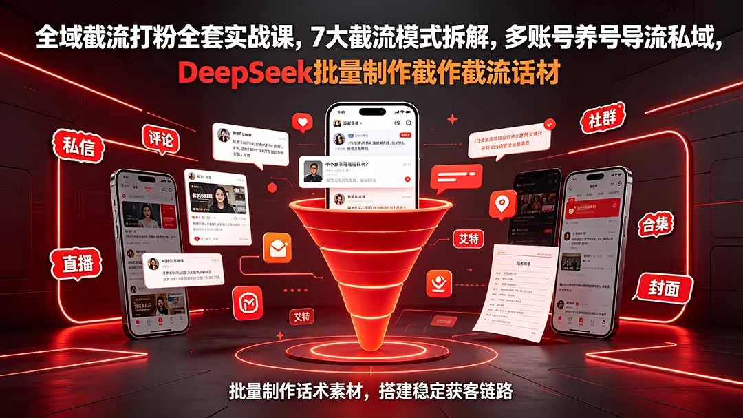 全域截流打粉全套实战课,7大截流模式拆解,多账号养号导流私域,DeepSeek批量制作截流话术素材-豌豆轻创