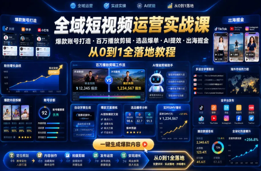 全域短视频运营实战课，爆款账号打造・百万播放剪辑・选品爆单・AI提效・出海掘金，从0到1全落地教程-豌豆轻创