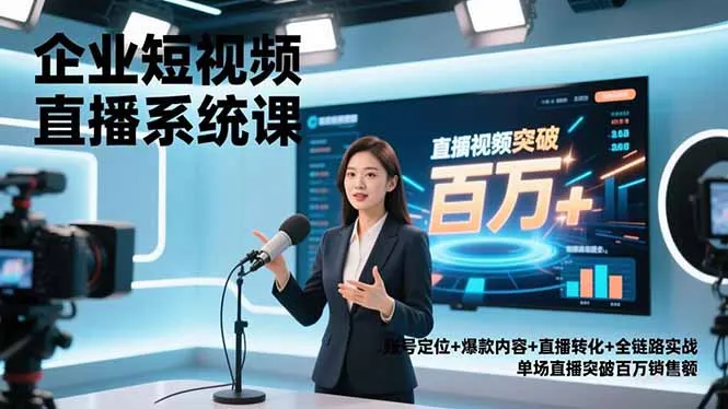 企业短视频直播系统课，账号定位+爆款内容+直播转化+全链路实战，单场直播突破百万销售额-轻创