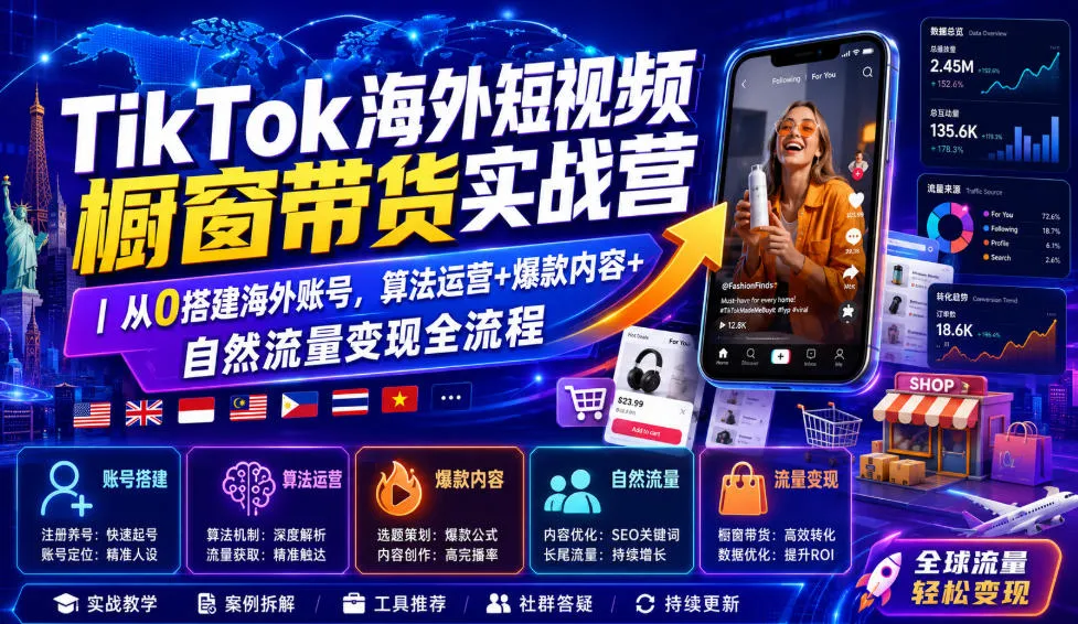 TikTok海外短视频橱窗带货实战营｜从0搭建海外账号，算法运营+爆款内容+自然流量变现全流程-豌豆轻创