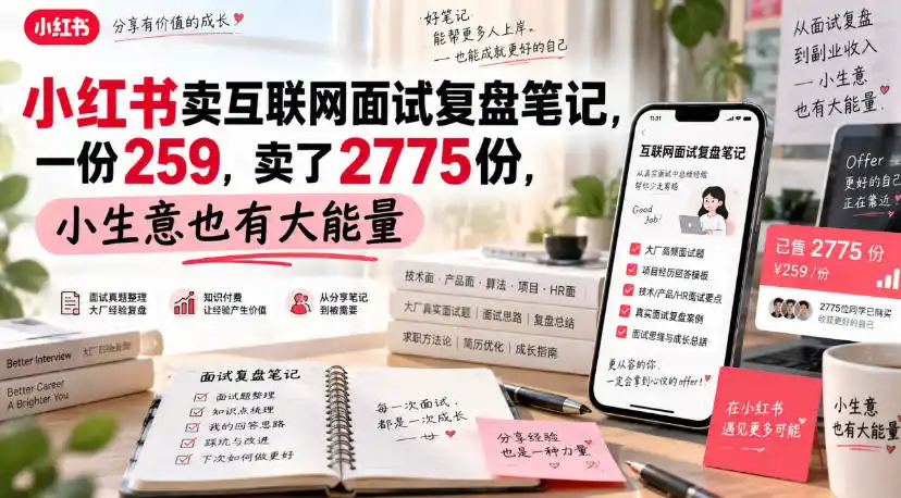 小红书卖互联网面试复盘笔记，一份259，卖了2775份，小生意也有大能量-豌豆轻创