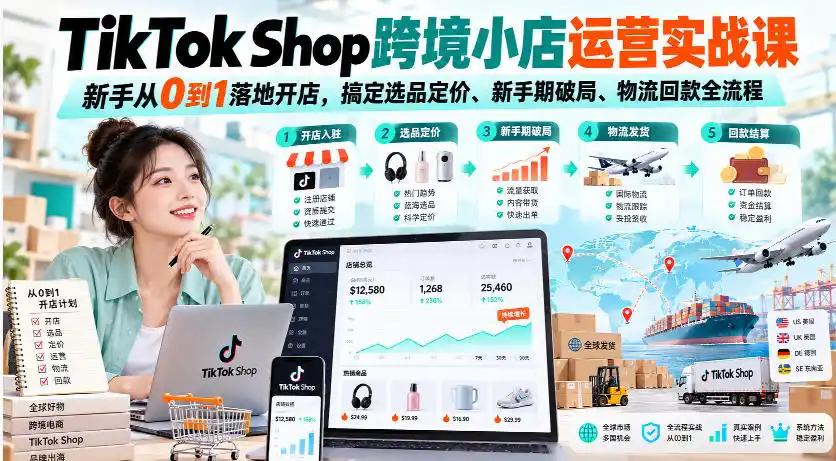 TikTok Shop跨境小店运营实战课，新手从0到1落地开店，搞定选品定价、新手期破局、物流回款全流程-豌豆轻创