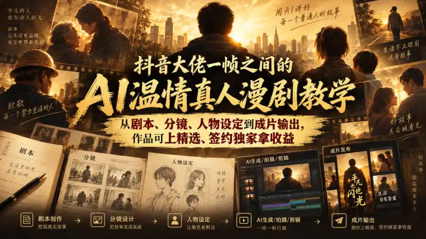 抖音大佬一帧之间的AI温情真人漫剧教学,从剧本、分镜、人物设定到成片输出,作品可上精选、签约独家拿收益-豌豆轻创