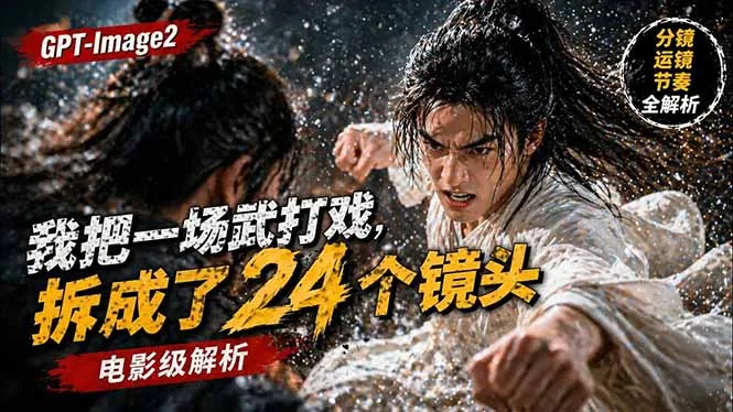 用GPT-Image2，把一段武打对决拆成24个连续镜头，从人物建立、动作衔接、运镜节奏，到情绪爆发-豌豆轻创