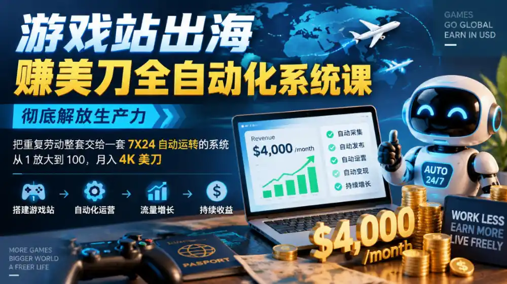 游戏站出海賺美刀全自动化系统课，彻底解放生产力–把重复劳动整套交给一套7X24自动运转的系统，从1放大到100，月入4K美刀-豌豆轻创