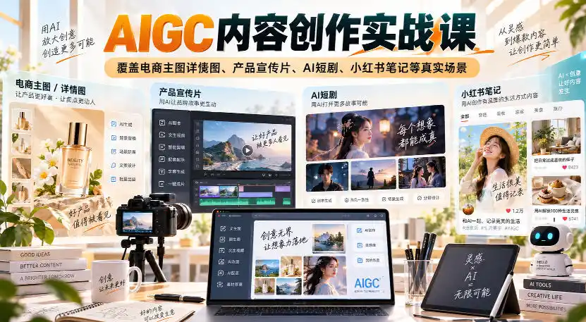 AIGC内容创作实战课，覆盖电商主图详情图、产品宣传片、AI短剧、小红书笔记等真实场景-豌豆轻创