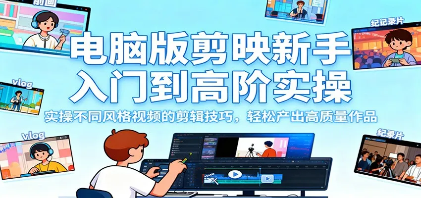 电脑版剪映新手入门到高阶实操，实操不同风格视频的剪辑技巧，轻松产出高质量作品-轻创