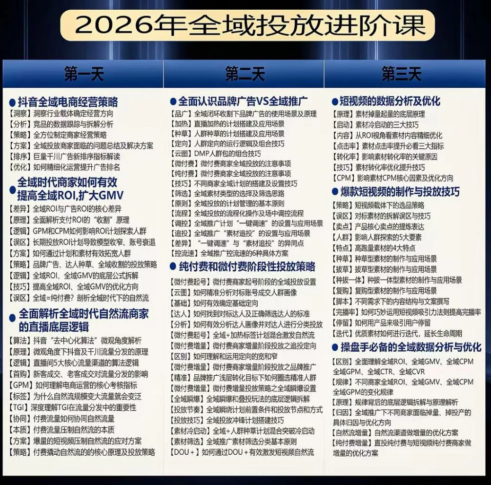 千川扫地僧2026抖音全域投放进阶课,少走弯路·快速起量·掌控增长,6月12-14号杭州线下课-豌豆轻创
