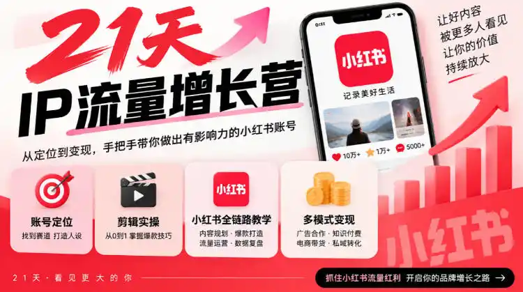 21天IP流量增长营，小红书全链路教学，账号定位剪辑实操，多模式变现系统课-豌豆轻创