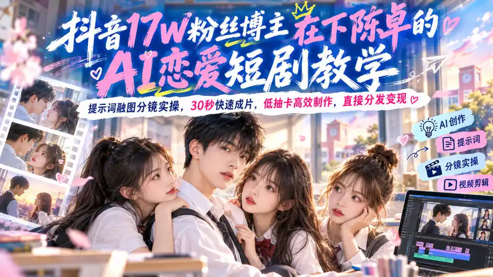 抖音17W粉丝博主在下陈卓的AI恋爱短剧教学，提示词融图分镜实操，30秒快速成片，低抽卡高效制作，直接分发变现-豌豆轻创