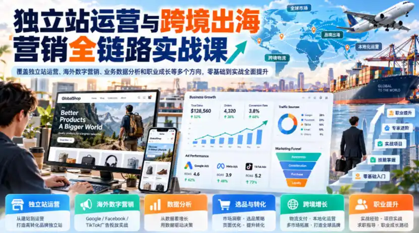 独立站运营与跨境出海营销全链路实战课，覆盖独立站运营、海外数字营销、业务数据分析和职业成长等多个方向，零基础到实战全面提升-豌豆轻创