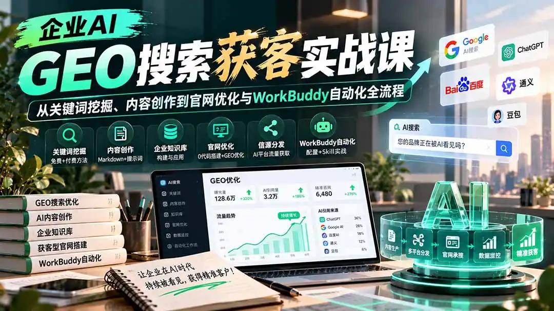企业AI GEO搜索获客实战课：从关键词挖掘、内容创作到官网优化与WorkBuddy自动化全流程-豌豆轻创