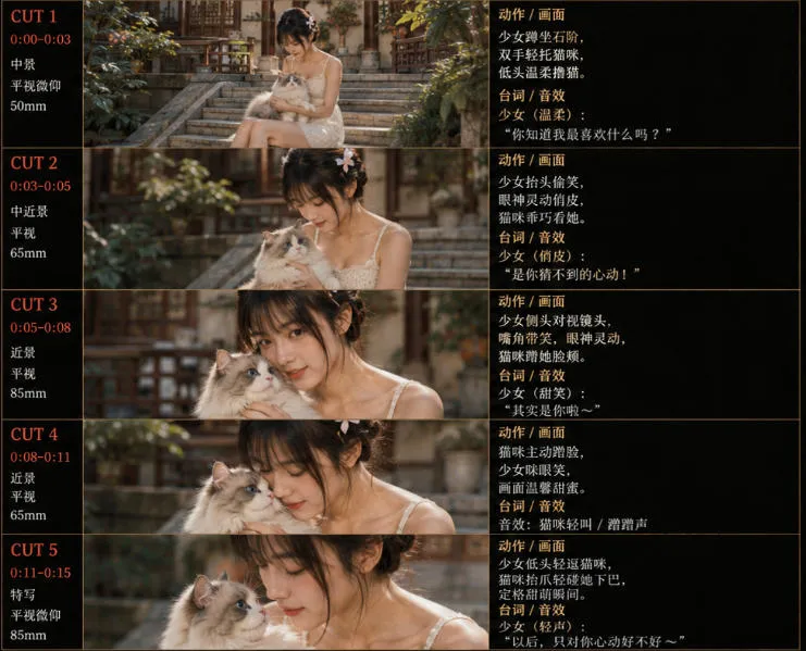 美女和猫故事提示词，人物一致性提示词+故事板-豌豆轻创