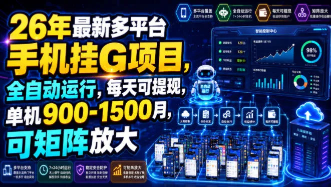 26年最新多平台手机挂G项目，全自动运行，每天可提现，单机900-1500月，可矩阵放大【揭秘】-豌豆轻创