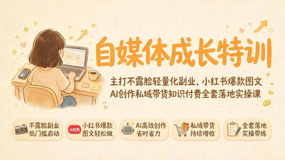 自媒体成长特训｜主打不露脸轻量化副业，小红书爆款图文AI创作私域带货知识付费全套落地实操课-豌豆轻创