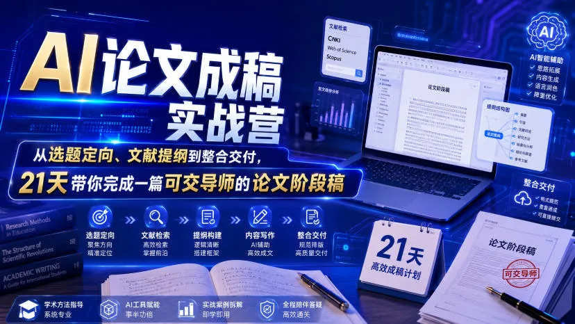 AI论文成稿实战营，从选题定向、文献提纲到整合交付，21天带你完成一篇可交导师的论文阶段稿-豌豆轻创