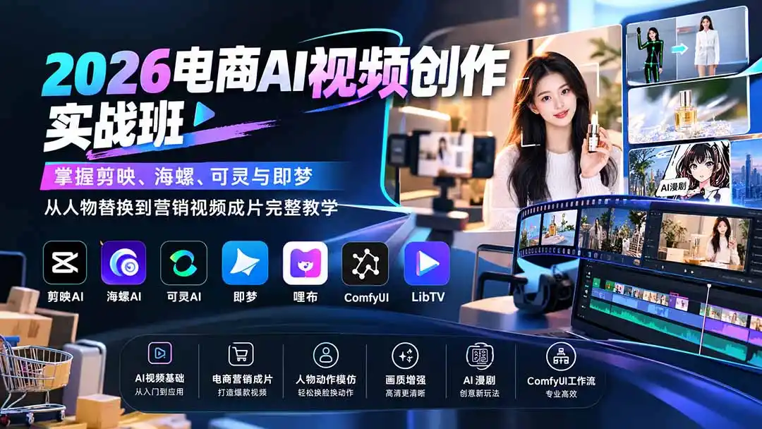 2026电商AI视频创作实战班：掌握剪映、海螺、可灵与即梦，从人物替换到营销视频成片完整教学-豌豆轻创