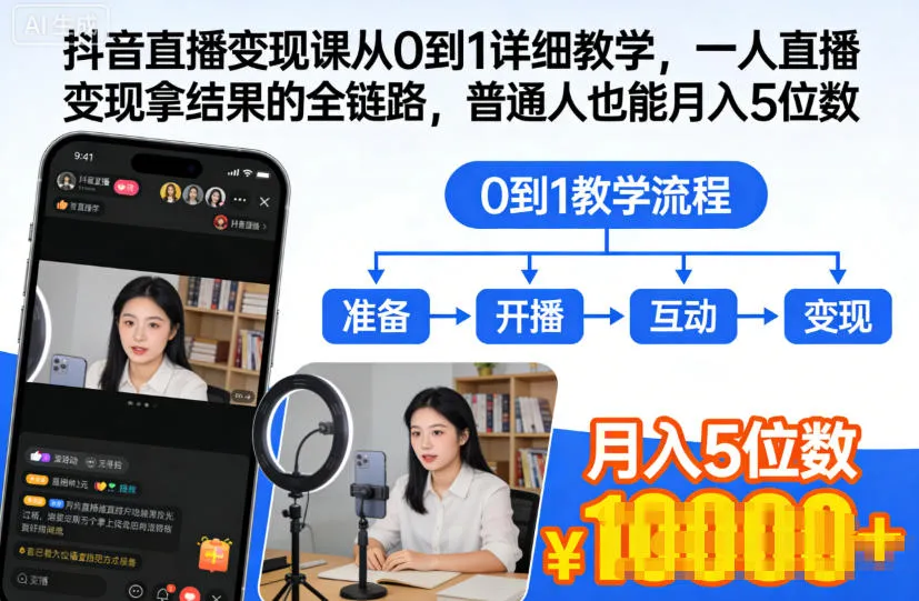 抖音直播变现课从0到1详细教学,一人直播变现拿结果的全链路,普通人也能月入5位数-轻创