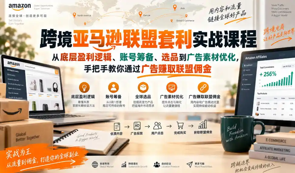 跨境亚马逊联盟套利实战课程，从底层盈利逻辑、账号筹备、选品到广告素材优化，手把手教你通过广告賺取联盟佣金-豌豆轻创