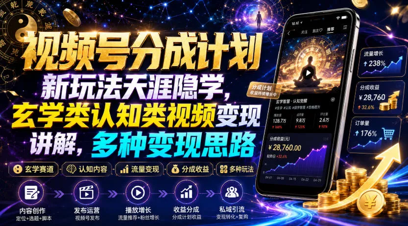 视频号分成计划新玩法天涯隐学，玄学类认知类视频变现讲解，多种变现思路-豌豆轻创