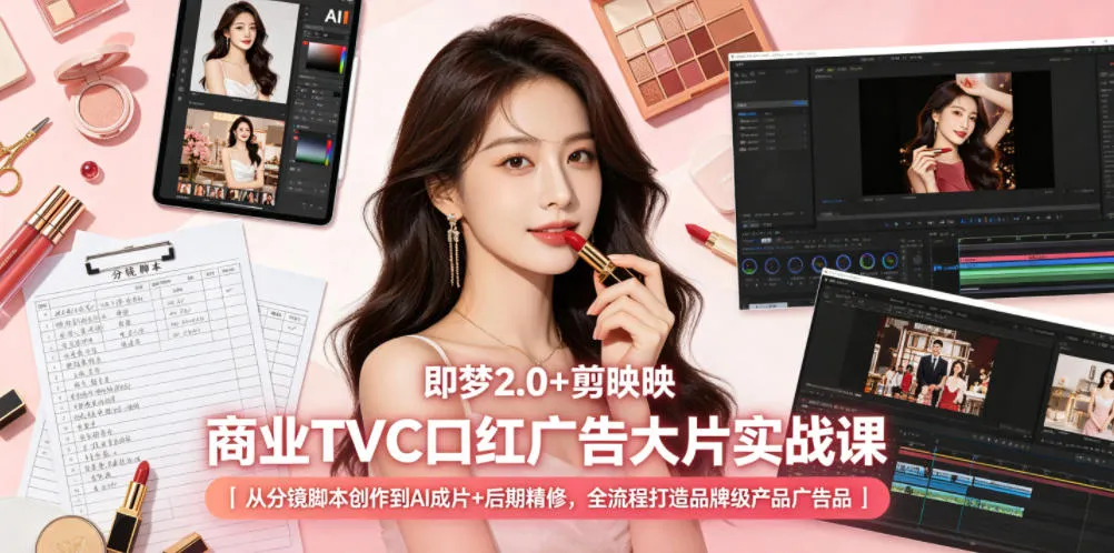 即梦2.0+剪映商业TVC口红广告大片实战课｜从分镜脚本创作到AI成片+后期精修，全流程打造品牌级产品广告-豌豆轻创