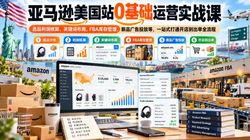 亚马逊美国站0基础运营实战课｜选品利润核算、关键词布局、FBA库存管理、新品广告投放等，一站式打通开店到出单全流程-豌豆轻创
