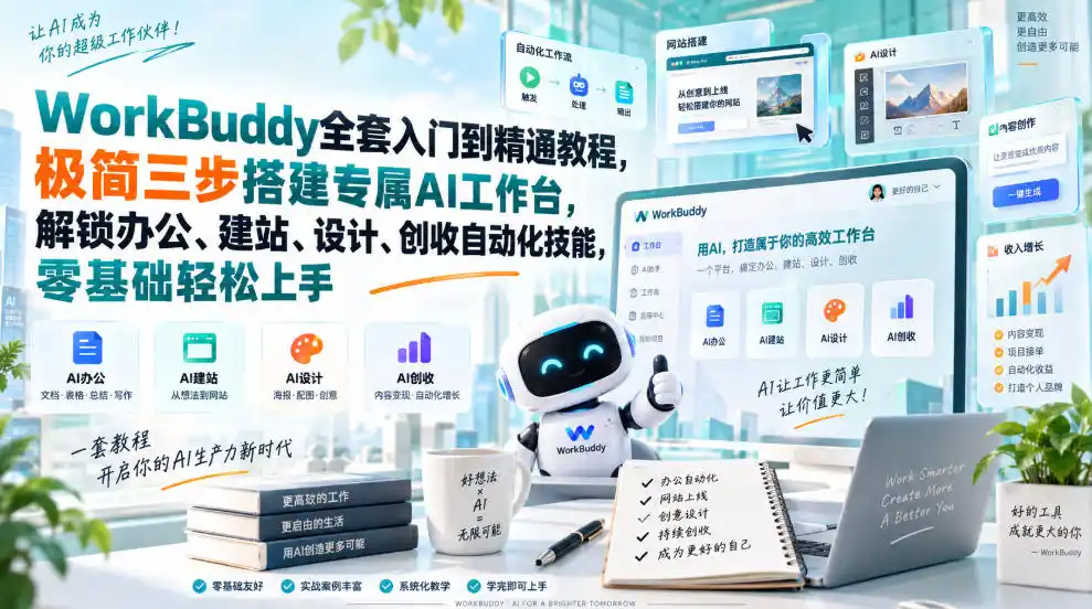 WorkBuddy全套入门到精通教程，极简三步搭建专属AI工作台，解锁办公、建站、设计、创收自动化技能，零基础轻松上手-豌豆轻创
