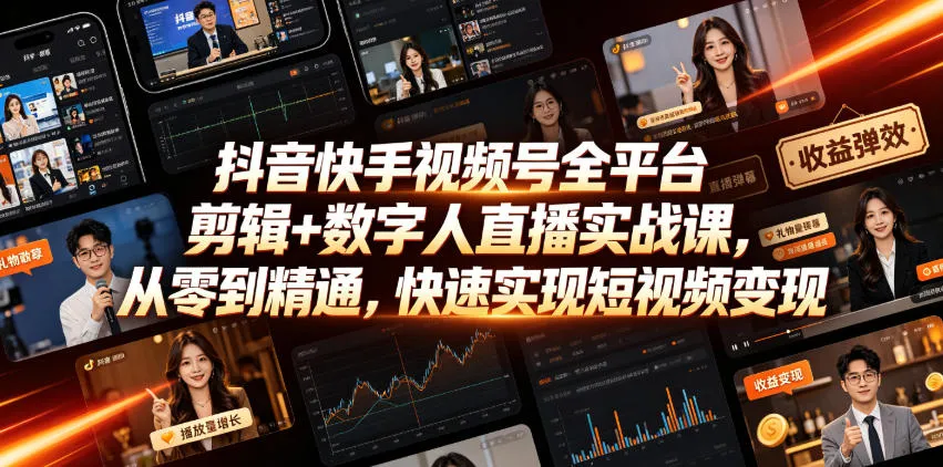 抖音快手视频号全平台剪辑+数字人直播实战课，从零到精通，快速实现短视频变现(更新2026年6月)-豌豆轻创