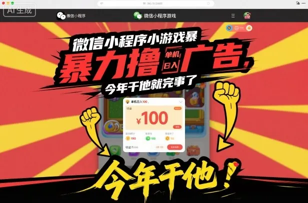 微信小程序小游戏暴力撸广告,单机日入100,今年干他就完事了-轻创
