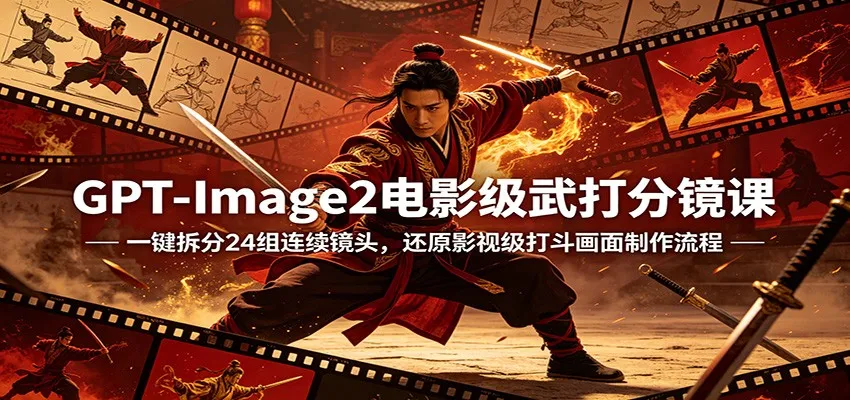 GPT-Image2电影级武打分镜课：一键拆分24组连续镜头，还原影视级打斗画面制作流程-豌豆轻创