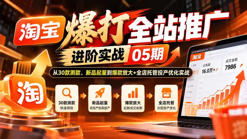 淘宝爆打全站推广进阶实战05期：从30款测款、新品起量到爆款放大+全店托管投产优化实战-豌豆轻创