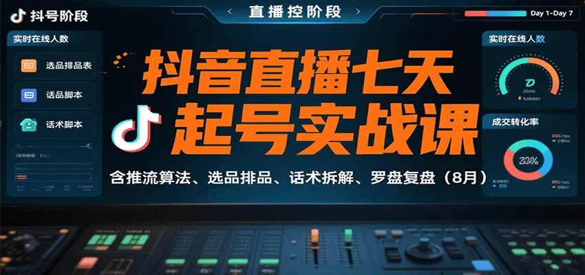 抖音直播七天起号实战课：含推流算法、选品排品、话术拆解、罗盘复盘(8月)-轻创