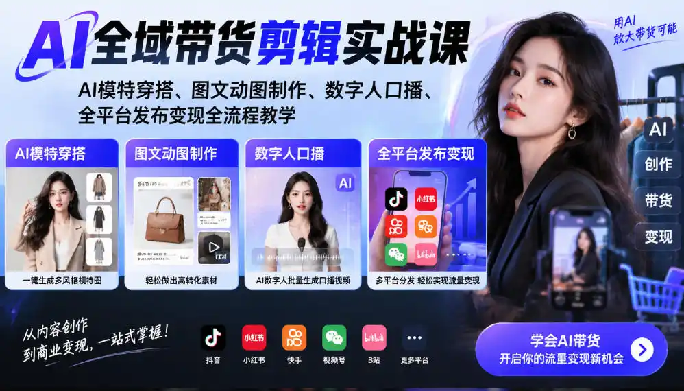 AI全域带货剪辑实战课｜AI模特穿搭、图文动图制作、数字人口播、全平台发布变现全流程教学-豌豆轻创