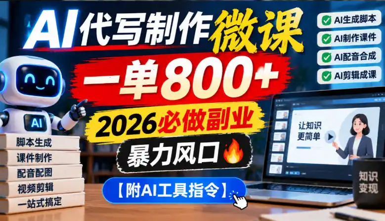AI代写制作微课，一单800+，2026必做副业，暴力风口【附AI工具指令】【揭秘】-豌豆轻创