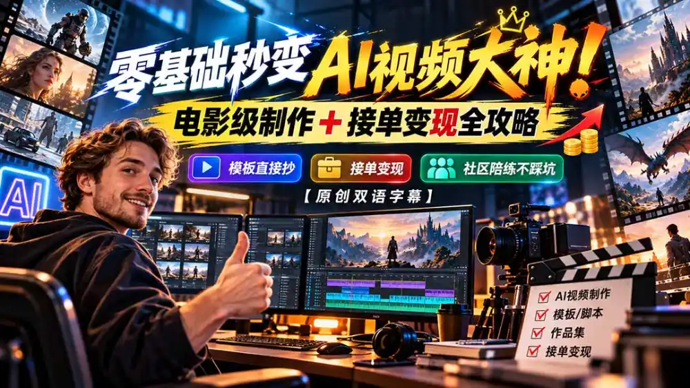 零基础秒变AI视频大神！电影级制作 + 接单变现全攻略，模板直接抄，社区陪练不踩坑【原创双语字幕】-豌豆轻创