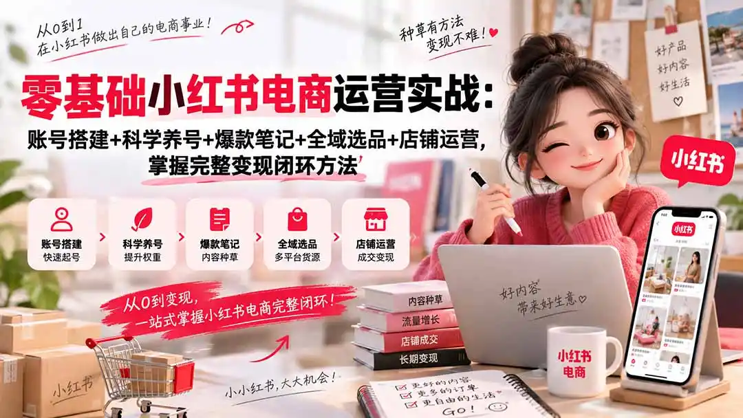 零基础小红书电商运营实战：账号搭建+科学养号+爆款笔记+全域选品+店铺运营，掌握完整变现闭环方法-豌豆轻创